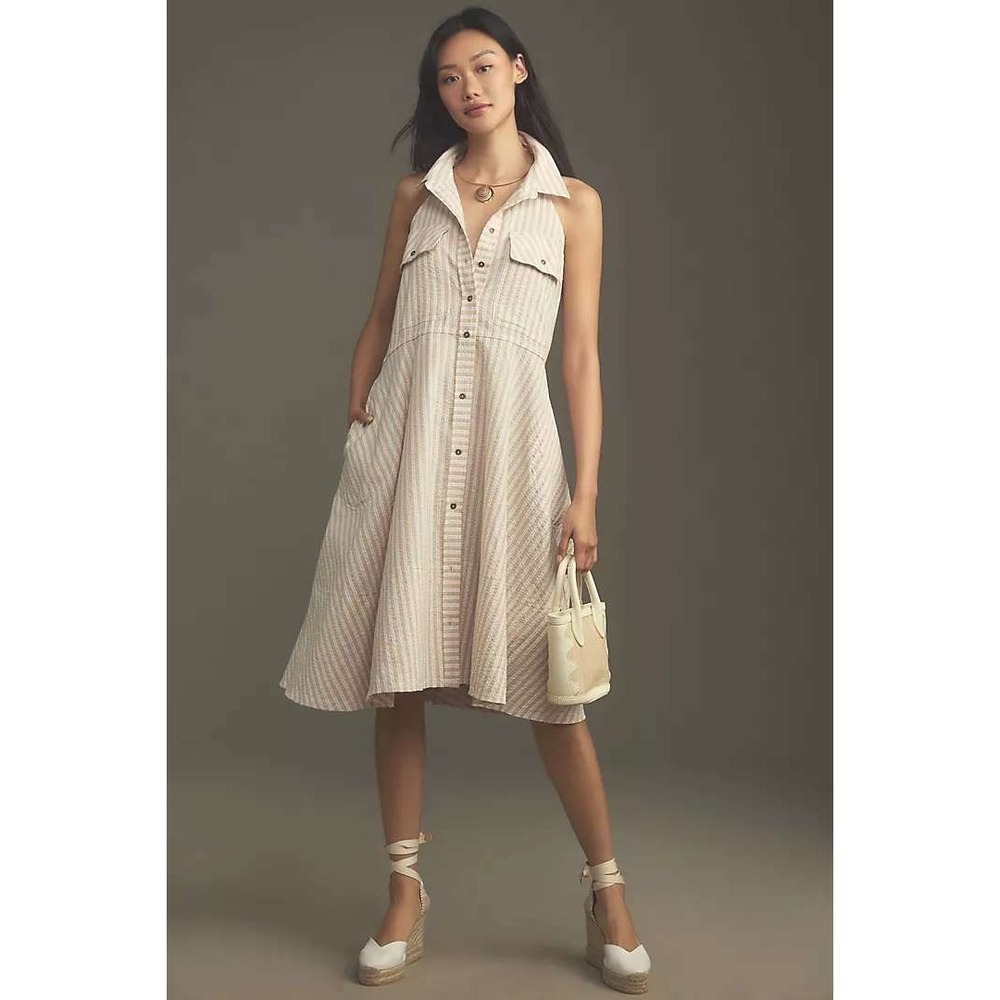 Pilcro Anthropologie Tan White Striped Halter Button Front Midi Shirt Dress S